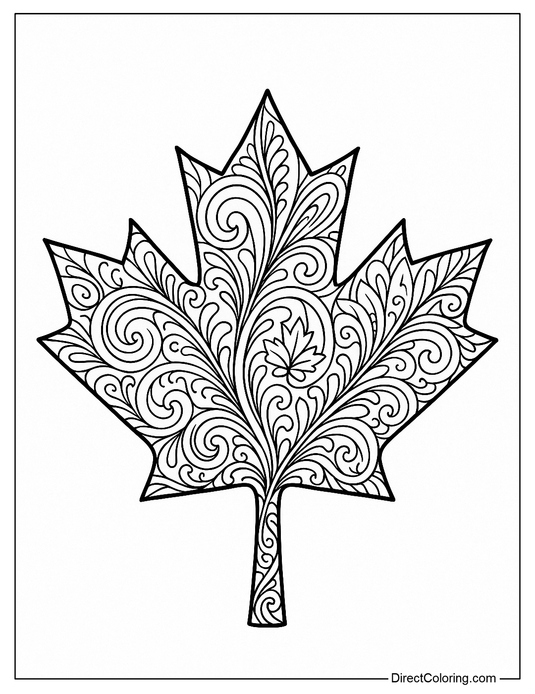 A large maple leaf coloring page with intricate details inside such as curved motifs, classic patterns